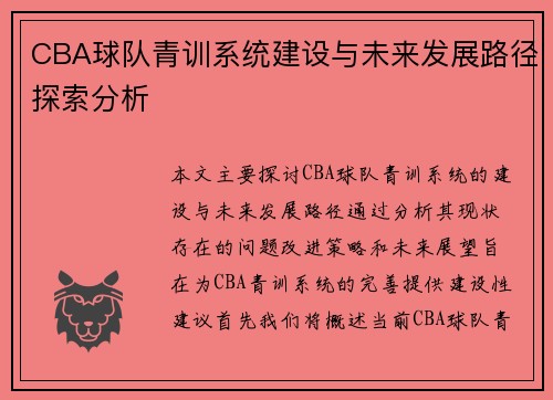 CBA球队青训系统建设与未来发展路径探索分析