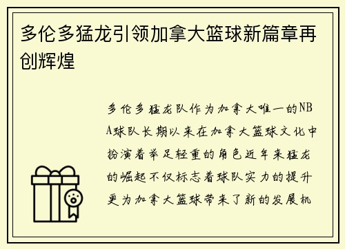 多伦多猛龙引领加拿大篮球新篇章再创辉煌