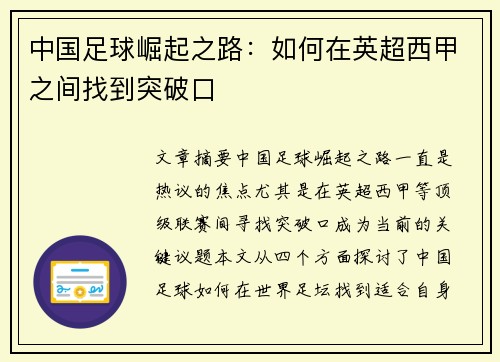 中国足球崛起之路：如何在英超西甲之间找到突破口